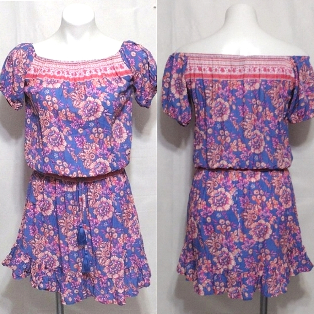 Tiare Hawaii One Size Floral Print Off-the-Shoulder Dress Ruffle Hem Boho Chic